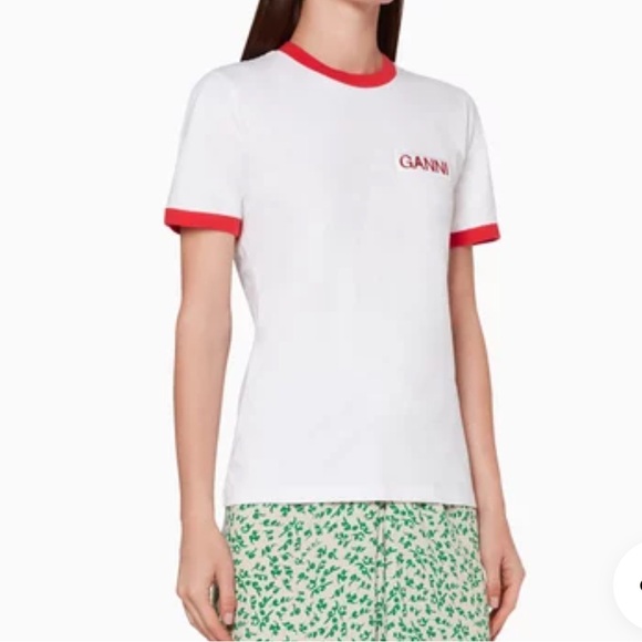 Ganni White Tee with Red Ringer Trim and Logo Ganni Patch, Sz Xsm - Picture 10 of 10